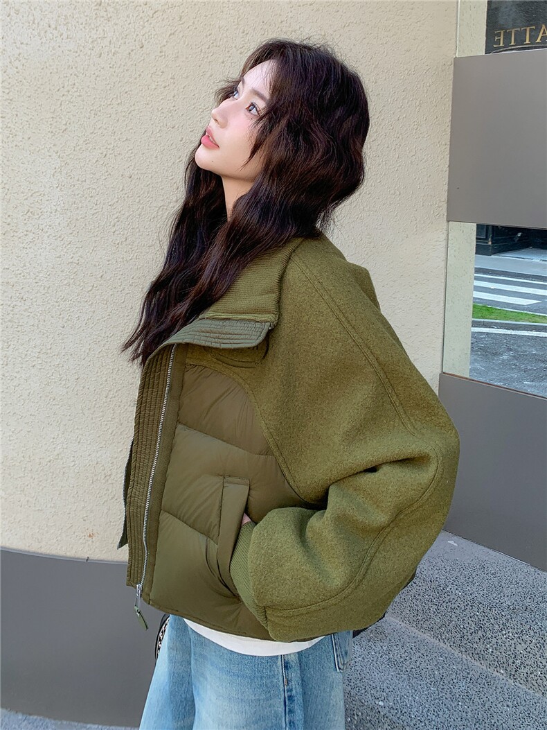 短款立领毛呢拼接羽绒服女2025冬季新款小个子白鸭绒面包服外套潮,女装羽绒服,琦鑫阁（原依鑫阁）