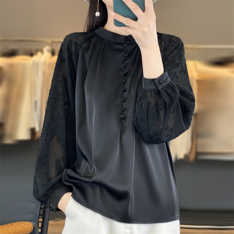 春季新款真丝衬衣女宽松百搭时尚打底衫气质内搭醋酸缎面上衣圆领,女装衬衫,佳绒高端店