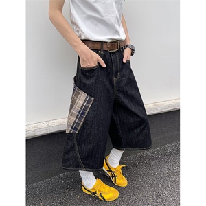 1014-1~KZ339~P48-港风潮男夏季新款2025个性拼色格子牛仔裤图片