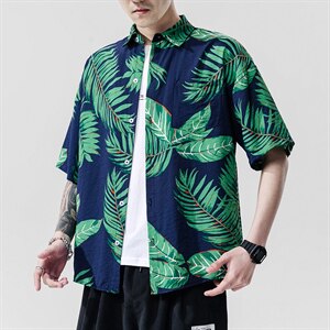 2021夏季新日系大码男无影墙沙滩情侣休闲短袖印花衬衫C3011-P35图片