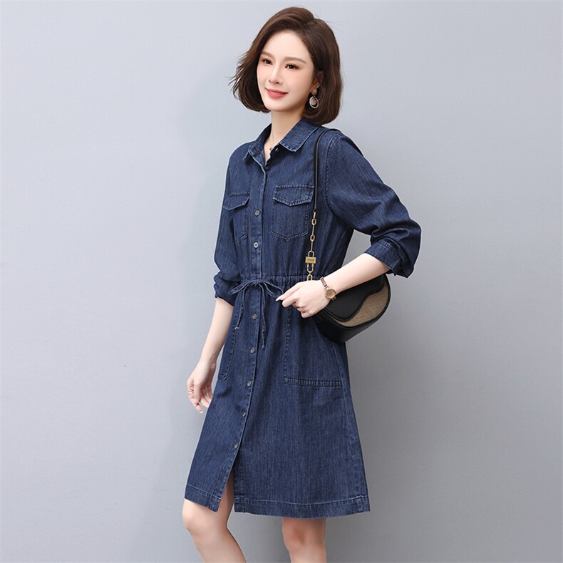 2023年春季新款复古通勤收腰大口袋牛仔连衣裙女显瘦长袖衬衫裙潮,女装连衣裙,希欧阁