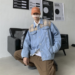 1304-1-JK101P50秋款港风宽松夹克男拼色牛仔茄克外套图片