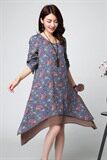优雅复古印花长袖连衣裙宽松显瘦不规则下摆设计，女装连衣裙，丽影随形