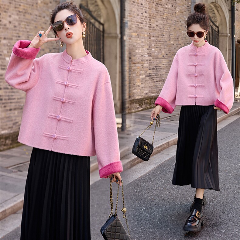 新中式双面羊毛短外套女2025秋冬新款高级感复古盘扣毛呢大衣，女装毛呢外套，玖莱伊