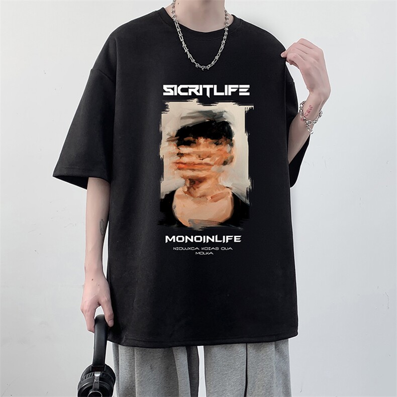 欧美街头潮牌hiphop短袖t恤男麂皮绒高克重磅oversize宽松七分袖,男装T恤,电商A040