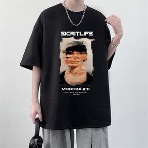 欧美街头潮牌hiphop短袖t恤男麂皮绒高克重磅oversize宽松七分袖图片