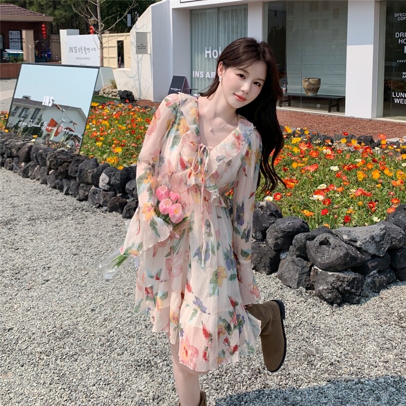 连衣裙初恋长裙泡泡袖碎花夏季波西米亚冰丝长裙裙子显瘦气质复古,女装连衣裙,2C167