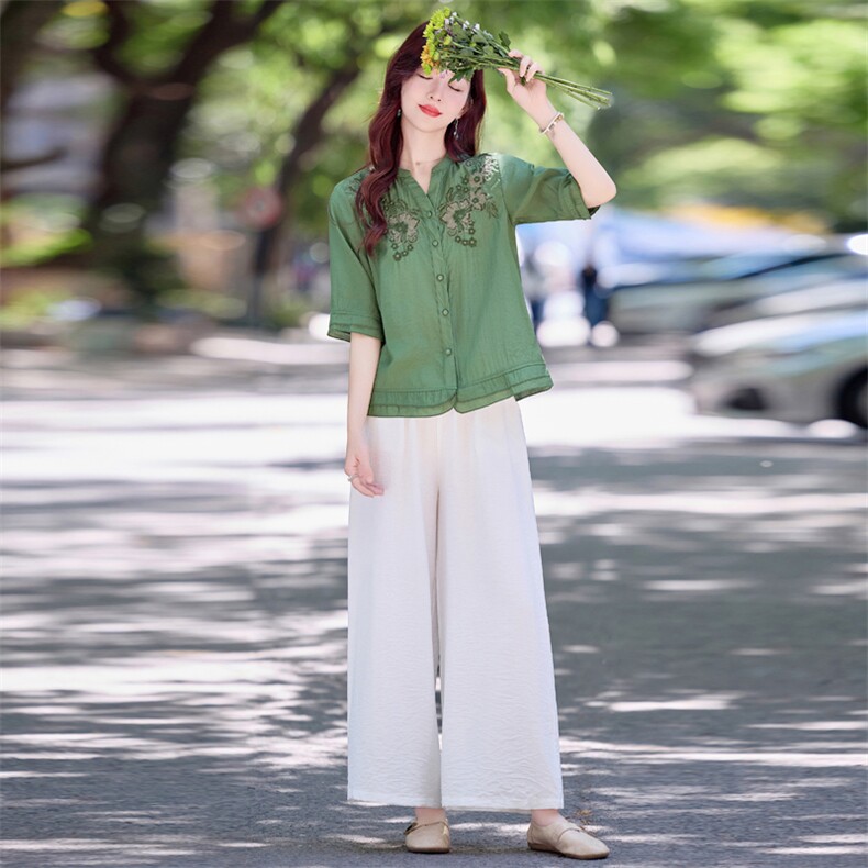 新中式刺绣棉麻套装女2025夏季洋气妈妈薄款衬衣小衫阔腿裤两件套,女装套装/套裙,魅影