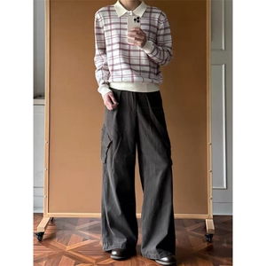 老钱风红白格纹复古针织衫polo领cleanfit长袖百搭 MY2591批68图片