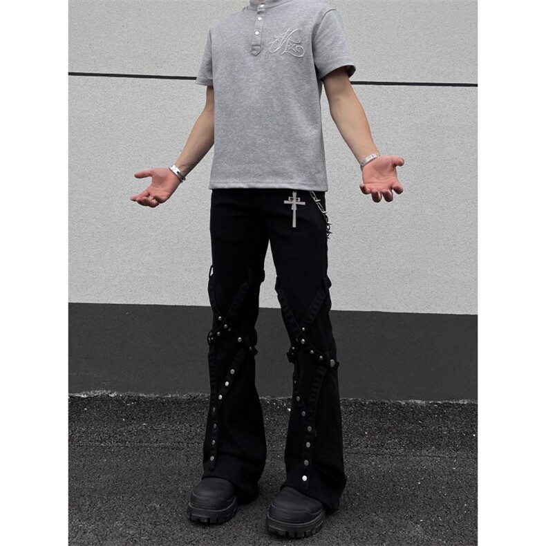 黑男美式高街纽扣绑带黑色牛仔裤小众设计感宽松直筒微喇裤子，男装牛仔裤，四季星座505