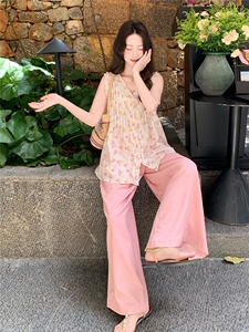 夏日少女风套装2026新款韩式碎花木耳边背心宽松阔腿裤两件套裤图片