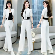 尾货通勤大牌外贸高端专柜牛货新款长袖撞色拉链上衣配阔腿裤套装，女装套装/套裙，卡杰菲