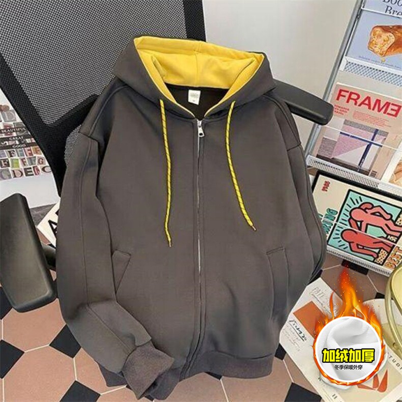 480G重磅加绒硬挺boxy男女秋冬美式高街双层撞色连帽卫衣开衫外套,女装短外套,电商A486-1