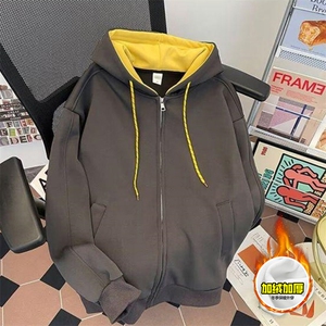 480G重磅加绒硬挺boxy男女秋冬美式高街双层撞色连帽卫衣开衫外套图片