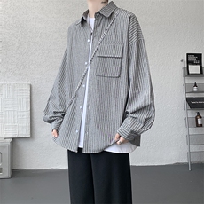 衬衫男秋季新款港风宽松大码立体口袋纯棉条纹长袖衬衣CS3099-P42，男装衬衫，星座214-3