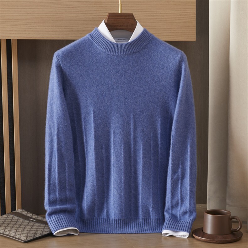 圆领2024年秋季纯色长袖时尚都市简约针织衫35%羊绒，男装羊绒套衫，绒誉暖羊绒