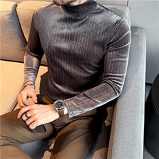 秋冬厚款亮面银丝条纹金丝绒半高领长袖T恤男中领打底衫T7572-P47，男装T恤，电商A213