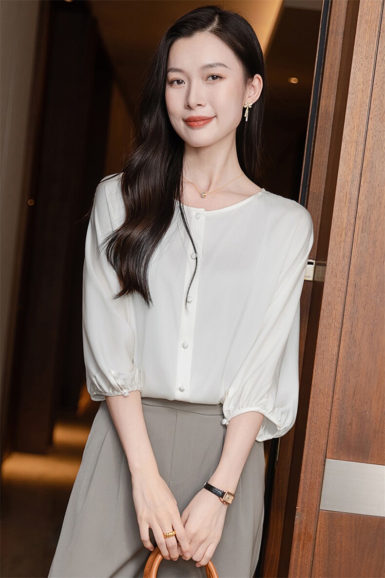 纯色真丝上衣女七分袖2026春夏宽松中袖中年妈妈装真丝T恤小衫,女装衬衫,阿舍尔精品