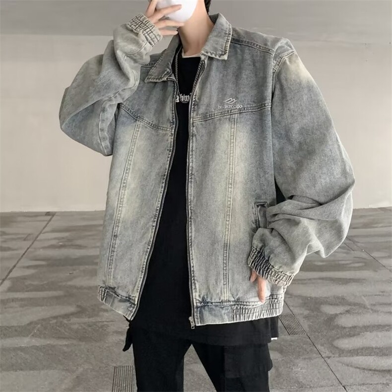 美式复古牛仔外套男秋季潮宽松设计感夹克高街情侣外套J0245-p65图片