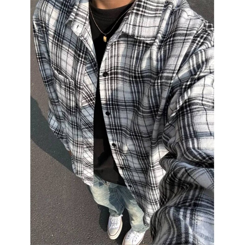 美式复古黑白格子衬衫男春秋新款痞帅高级感内搭衬衣百搭休闲外套,男装衬衫,四季星座505
