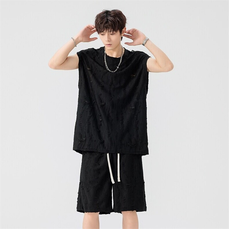 特批P40无差价夏季百搭镂空破洞大码宽松背心短裤两件套男TZ5577，男装休闲套装，电商A001-1