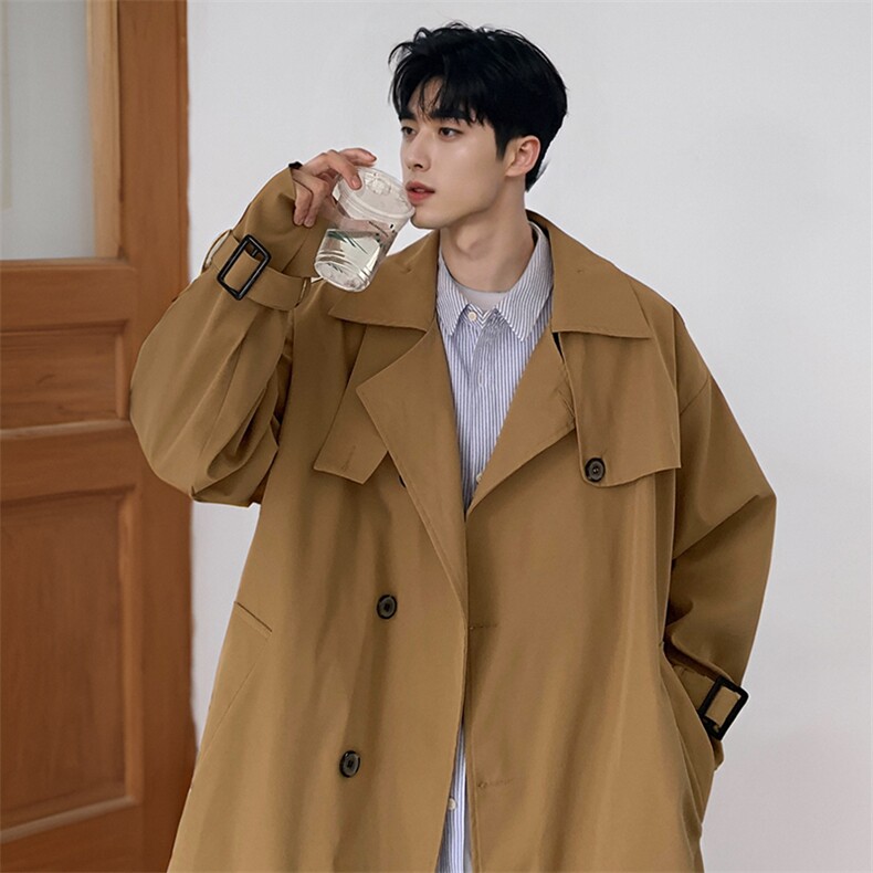 韩系风衣宽松潮流复古过膝尼大衣风衣中长外套，男装风衣，星座112A
