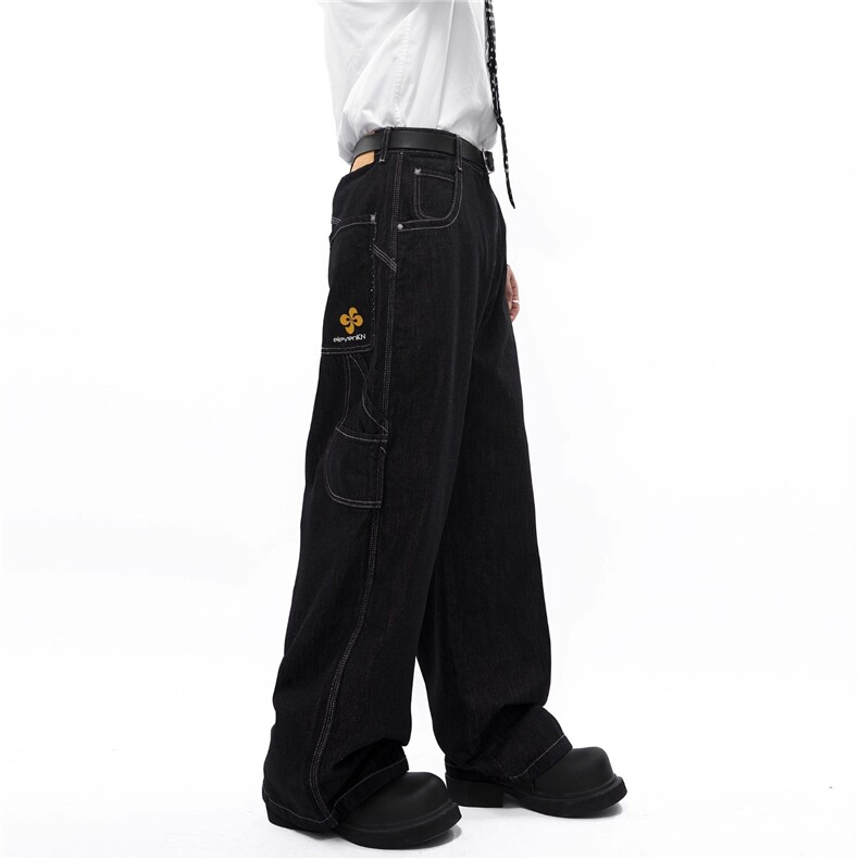 N1259-P50刺绣解构廓形丹宁原色牛仔裤，男装牛仔裤，电商B323A