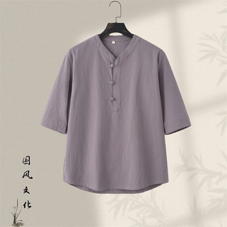 唐装男青年夏季七分短袖t恤复古风潮流男棉麻男装GF2505-P60,男装衬衫,星座1105-3