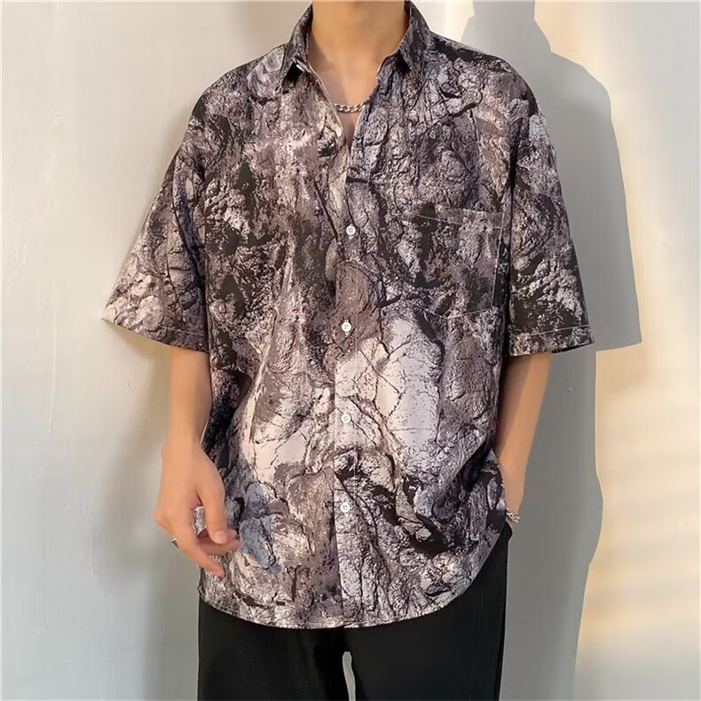 扎染灰色衬衫短袖男夏季小众高街潮牌美式衬衫C1102 P26图片