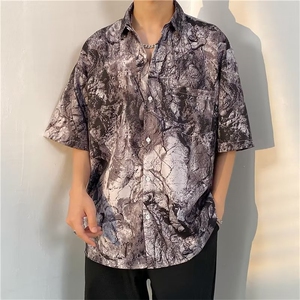 扎染灰色衬衫短袖男夏季小众高街潮牌美式衬衫C1102 P26图片