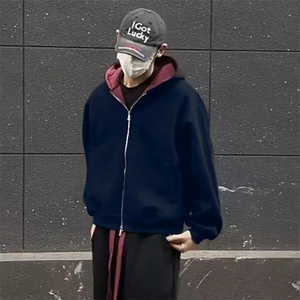 抖音得物二开美式高街重磅结构双层撞色连帽卫衣开衫外套W116图片