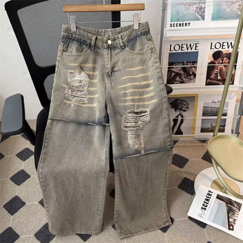 高级假两件破洞拼接牛仔裤男女显瘦休闲阔腿美式裤子宽松直筒,男装牛仔裤,星座601-1