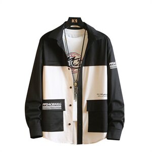 2021春季新款无影墙日系大码休闲工装男印花撞色拼接衬衫C550-P50图片