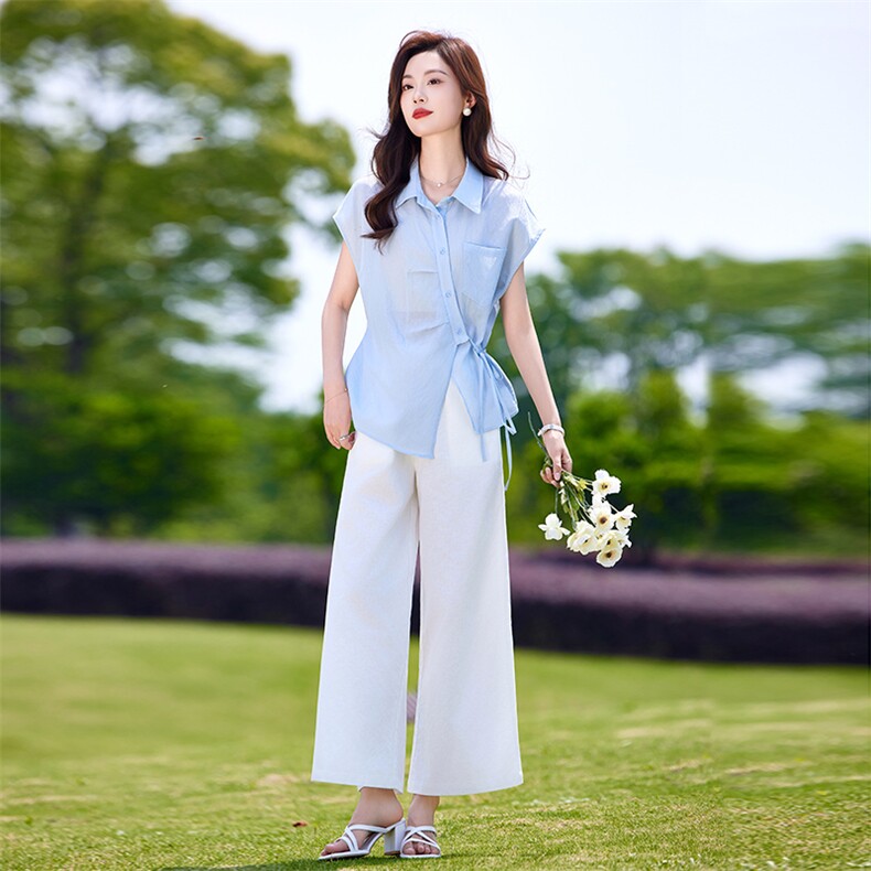 时尚休闲套装女夏季薄款2025新款高级感减龄短袖衬衫阔腿裤两件套,女装套装/套裙,靓衣阁