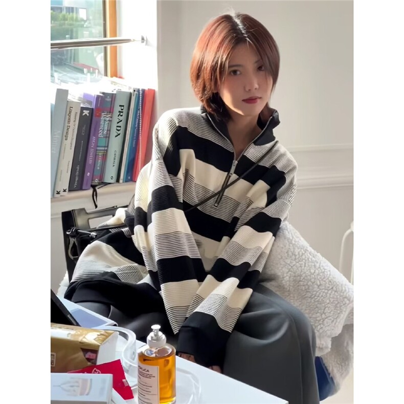 美式复古条纹卫衣女春秋季薄款宽松bf慵懒风小众长袖上衣WY8805图片
