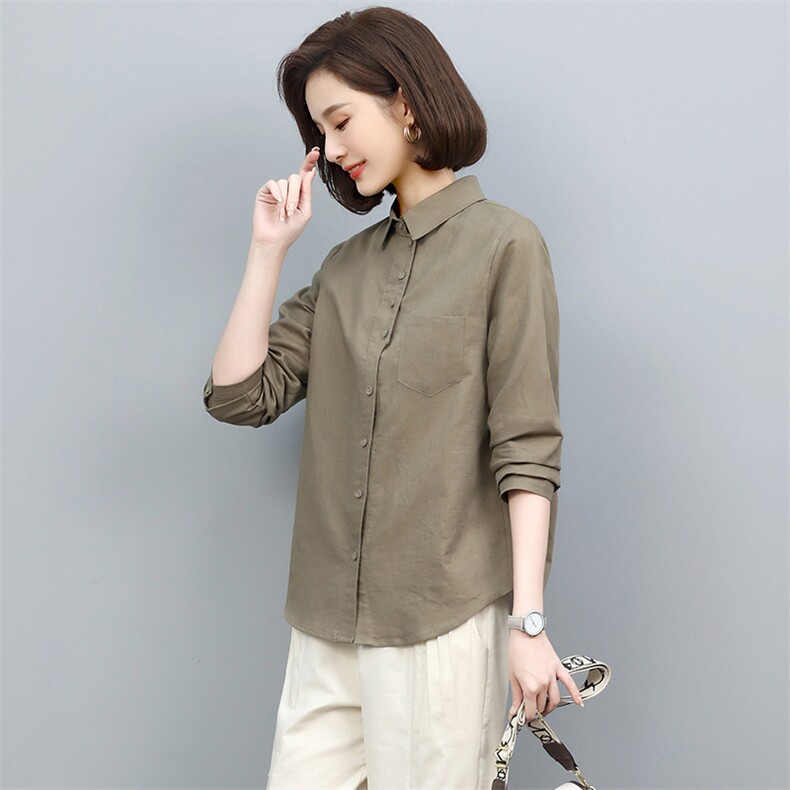 2025年春秋文艺棉麻纯色衬衫百搭潮流气质优雅简约修身显瘦淑女，女装衬衫，忆绮罗
