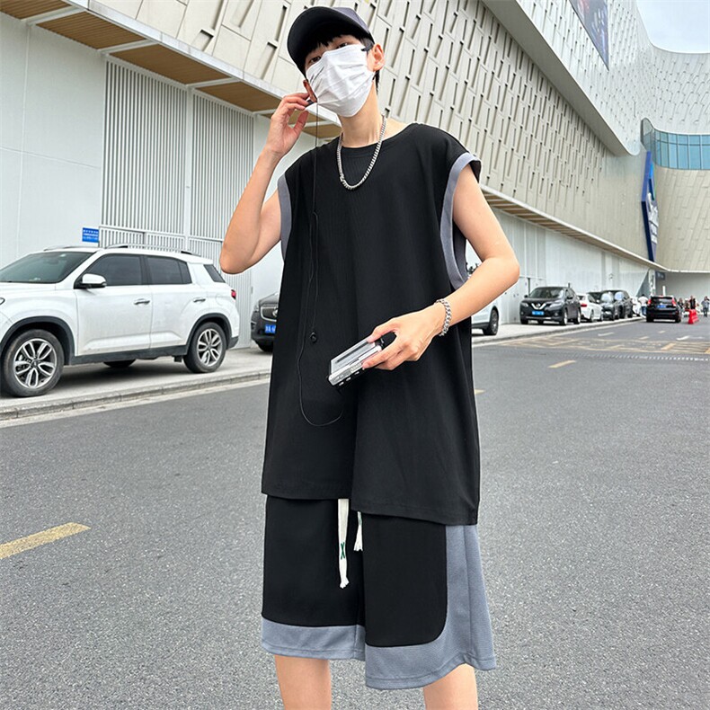 夏季现货主推大码港风情侣无袖背心五分裤冰丝日系套装S03P48,男装牛仔裤,电商B226-2（原B217-2）