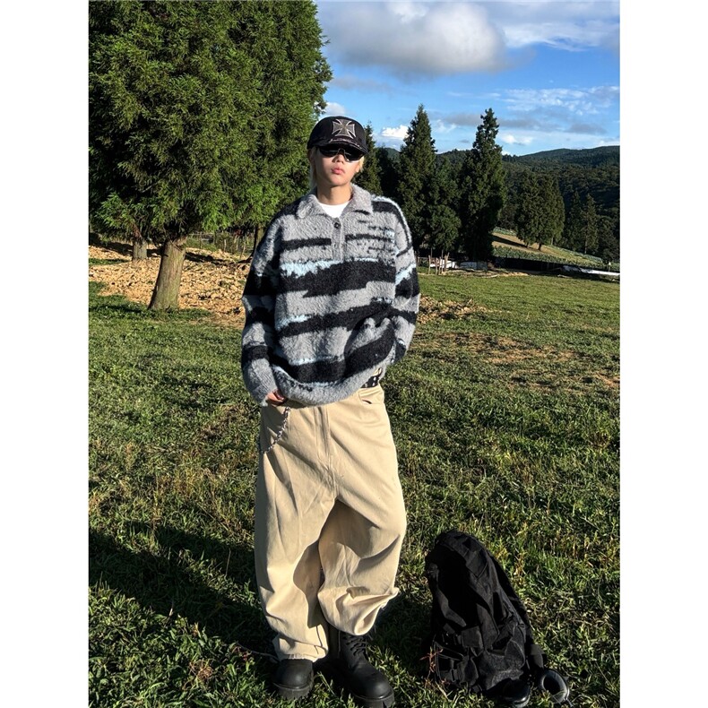 条纹仿貂毛polo领针织毛衣女秋冬美式设计感宽松慵懒上衣,男装针织衫/毛衣,星座218-1（原230）