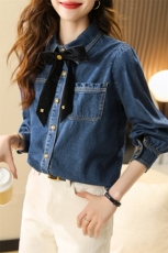 牛仔衬衣女短款2025春夏新款蝴蝶结衬衫内搭小个子设计感爆款外套，女装衬衫，梦懿尔