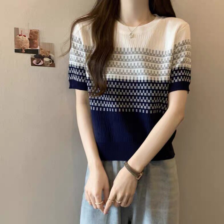 撞色条纹冰丝针织短袖T恤女2025夏薄透气宽松显瘦上衣半袖t恤小衫图片