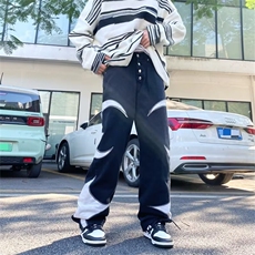 美式高街潮牌拼皮刺绣水洗牛仔裤男宽松阔腿休闲裤直筒裤P68，男装牛仔裤，四季星座218-1