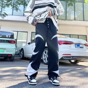 美式高街潮牌拼皮刺绣水洗牛仔裤男宽松阔腿休闲裤直筒裤P68图片