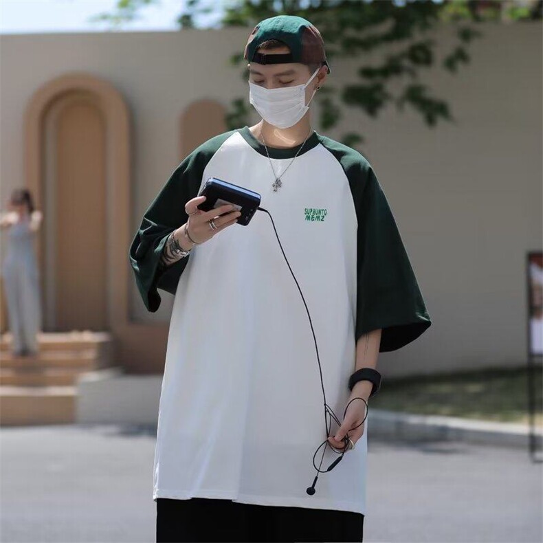 2025夏季撞色插肩袖原宿bf风情侣短袖T恤T118,男装T恤,星座1108