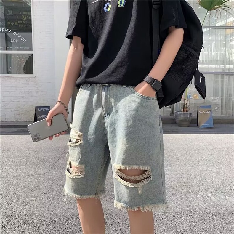破洞牛仔短裤男夏季ins宽松嘻哈五分薄款休闲裤子 N676图片