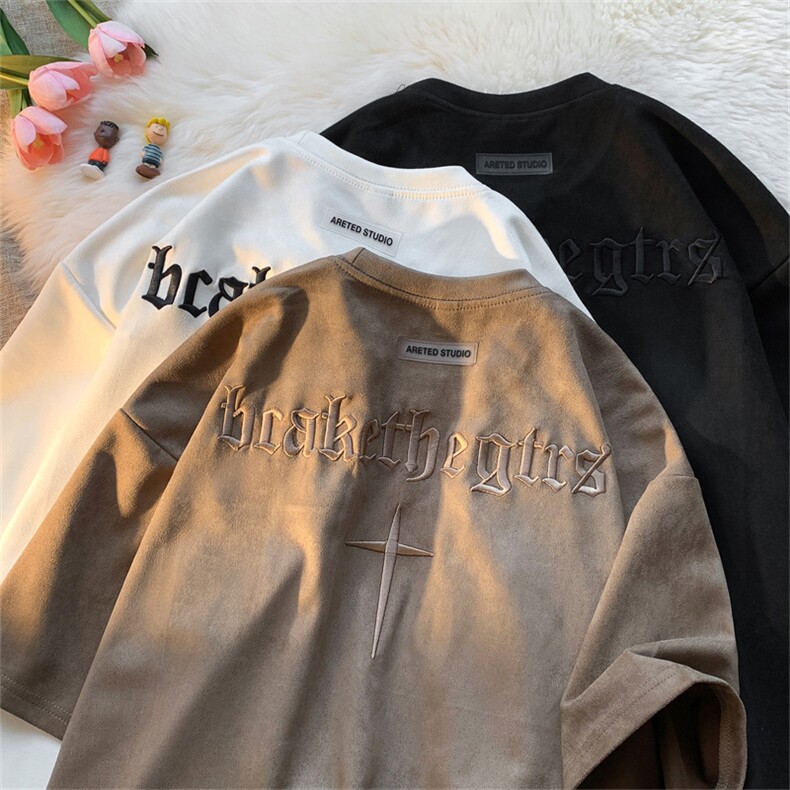 B359-T3303-P48控59重磅麂皮绒立体刺绣潮牌短袖t恤5万针,男装T恤,电商B359