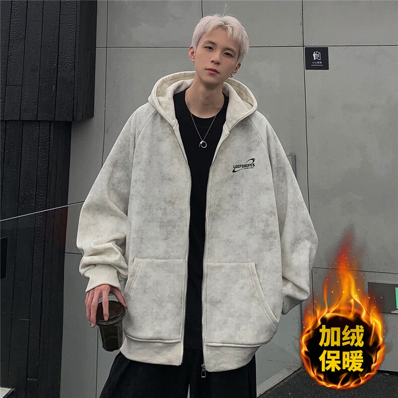 现货扎染脏脏连帽开衫加绒卫衣男士2026秋冬新款宽松外套JK092,男装卫衣,电商C307