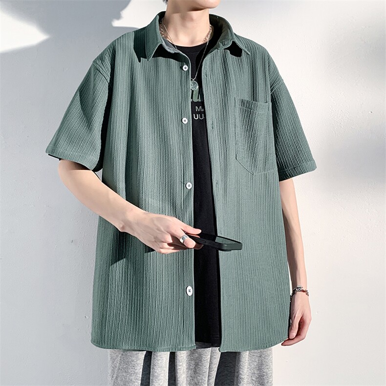 2023夏季垂感冰丝透气大码短袖衬衣男士潮流痞帅半袖衬衫C847-P40，男装衬衫，电商A001-1