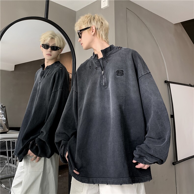 706-1-WY605-P65秋季男士复古做旧水洗立领半拉链卫衣潮牌外套,女装短外套,星座706-1