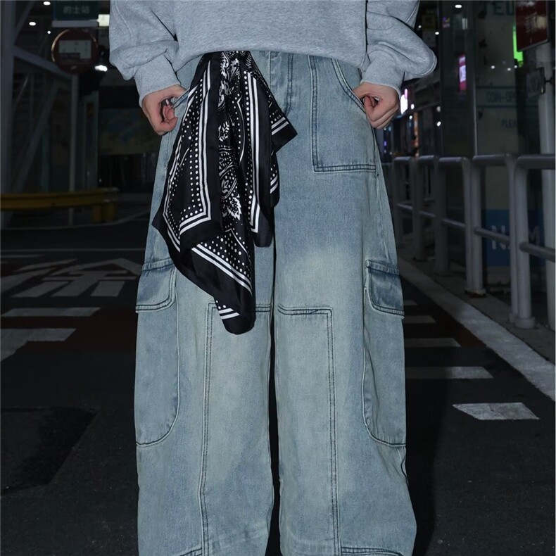 美式街头喷墨脏多口袋水洗牛仔裤女2025夏装新款废土风直筒阔腿裤,男装牛仔裤,星座506A