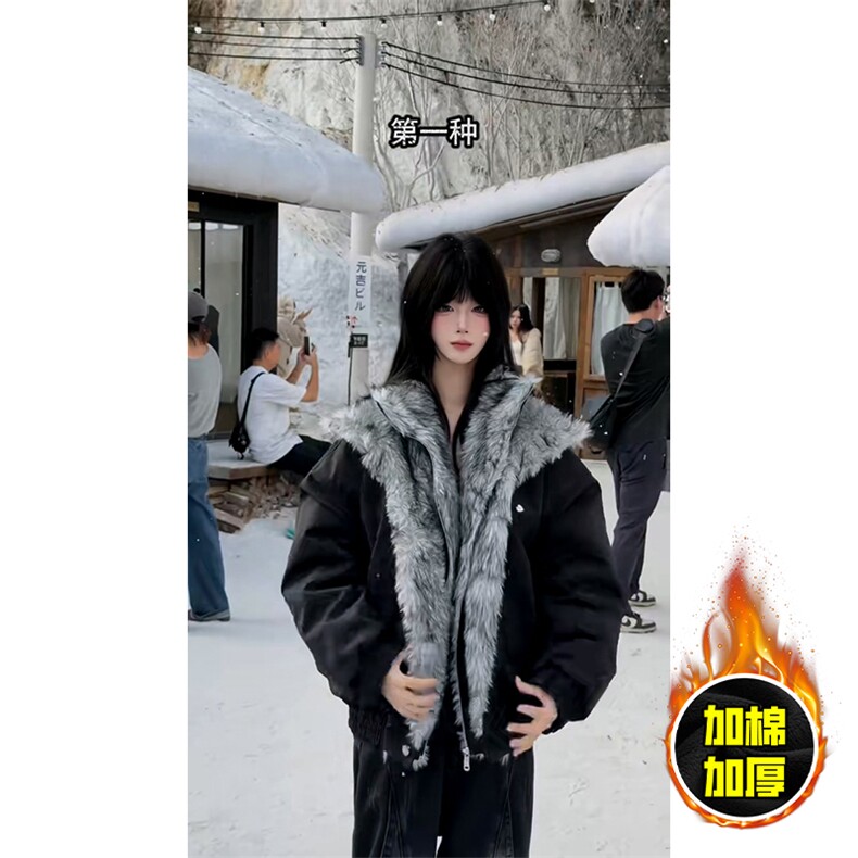 现货高品质美式高街重磅狼王座山雕毛毛领假两件棉衣加厚棉服外套，男装棉衣，电商A486